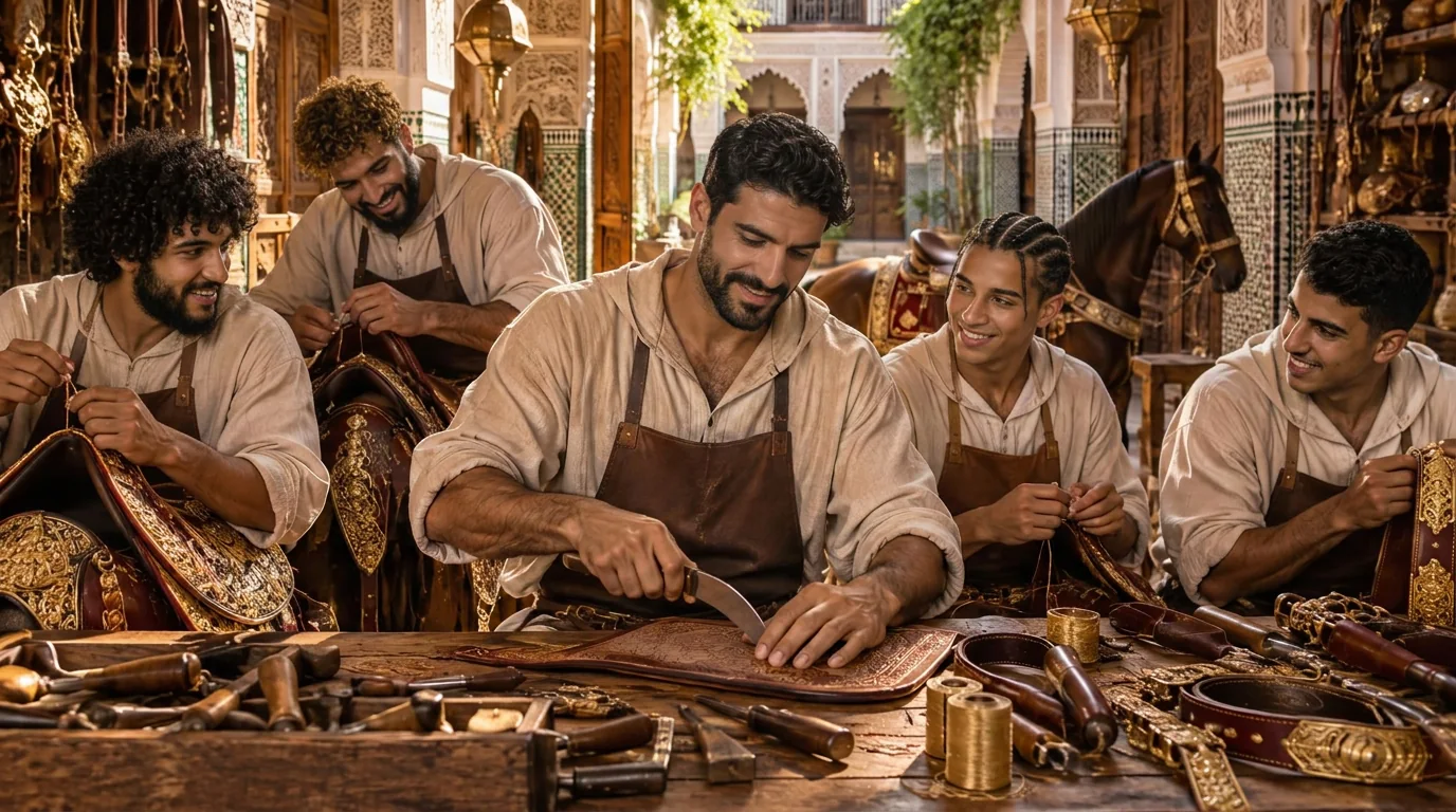 La bottega al lavoro: il maestro taglia il cuoio e gli apprendisti cuciono i pannelli, intorno al banco