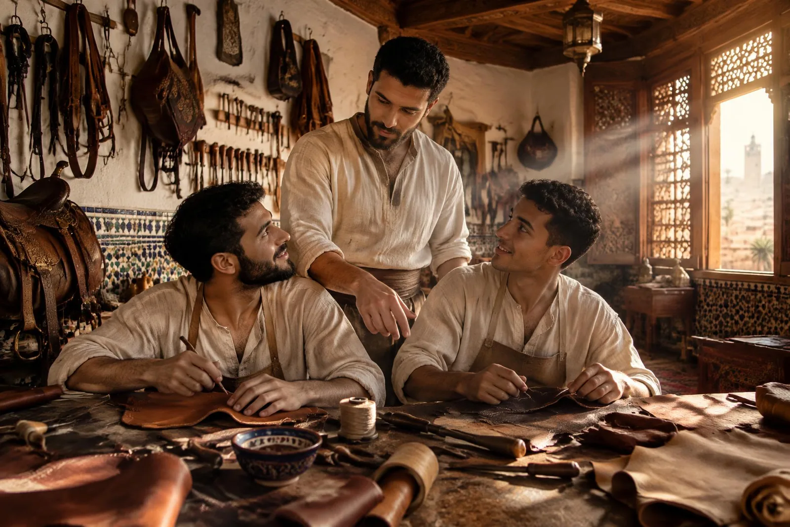 La bottega della selleria: un maestro e due apprendisti al banco, la parete dei finimenti e la medina dalla finestra