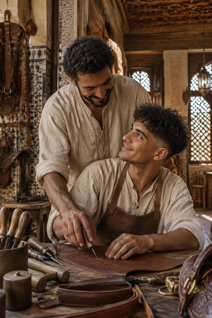 La mano del maestro sopra quella dell’apprendista, che incide il cuoio