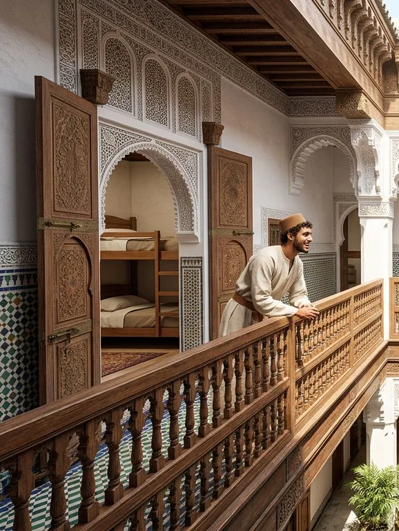 Una camerata e i suoi letti a castello, aperta sulla galleria del piano