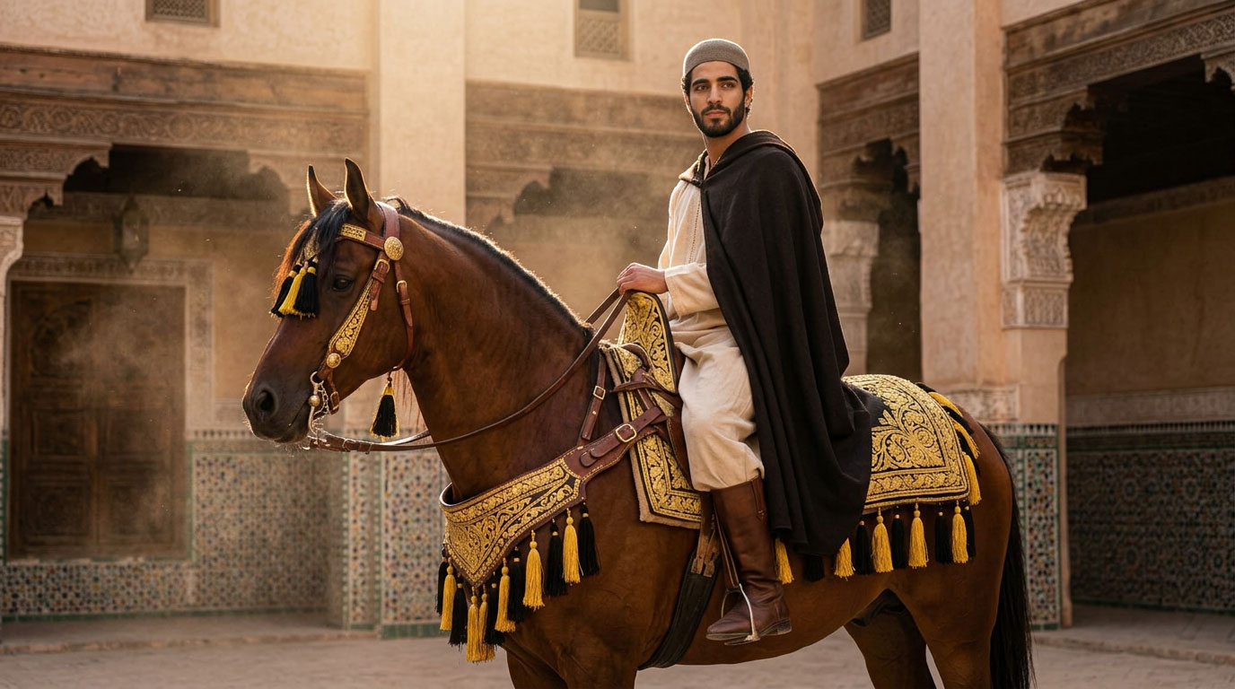 Cavalier et cheval harnache