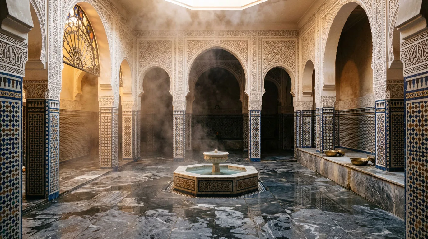 La prima sala: grande sala ad archi, vasca ottagonale centrale, bacinelle di ottone allineate sulla panca di marmo