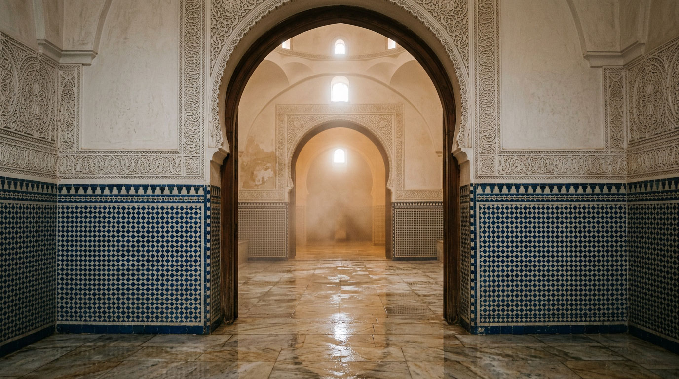 Enfilade de deux arcs outrepassés alignés, la vapeur s'épaississant de salle en salle
