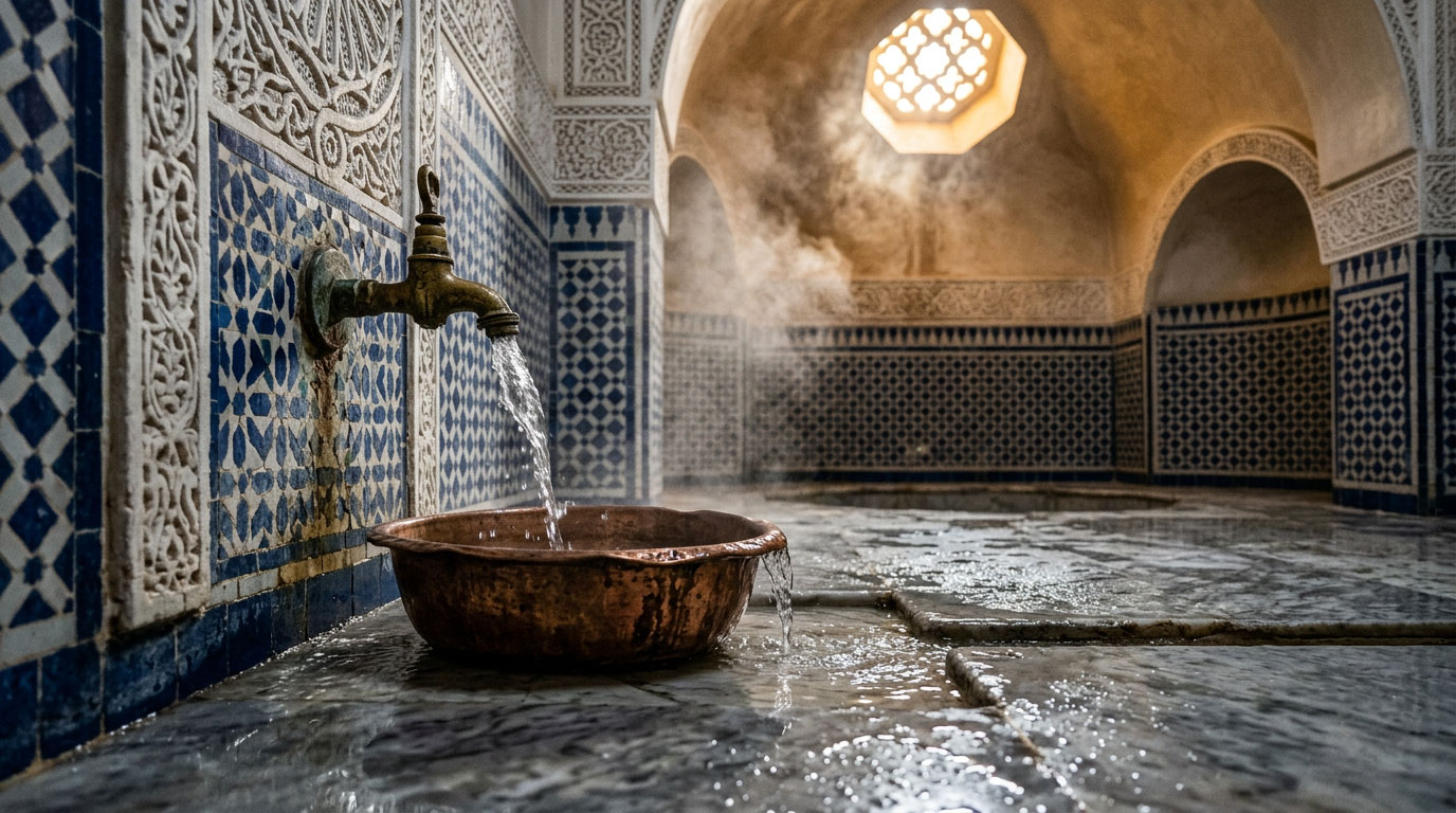 L'eau coulant d'un robinet de laiton dans une bacine de cuivre, sur le sol de marbre ruisselant