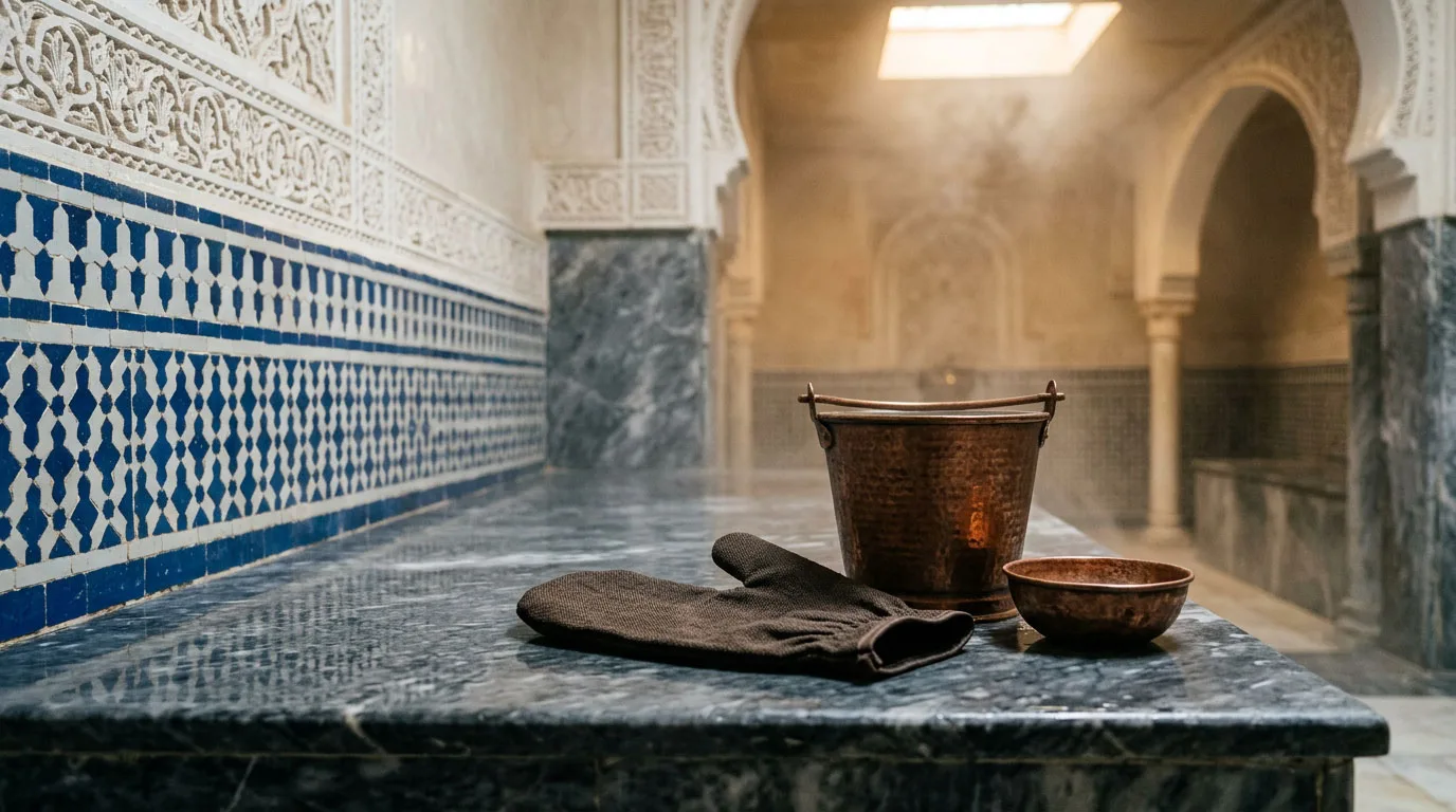 Gli strumenti del bagno: guanto kessa, secchio e bacinella di rame posati su una panca di marmo