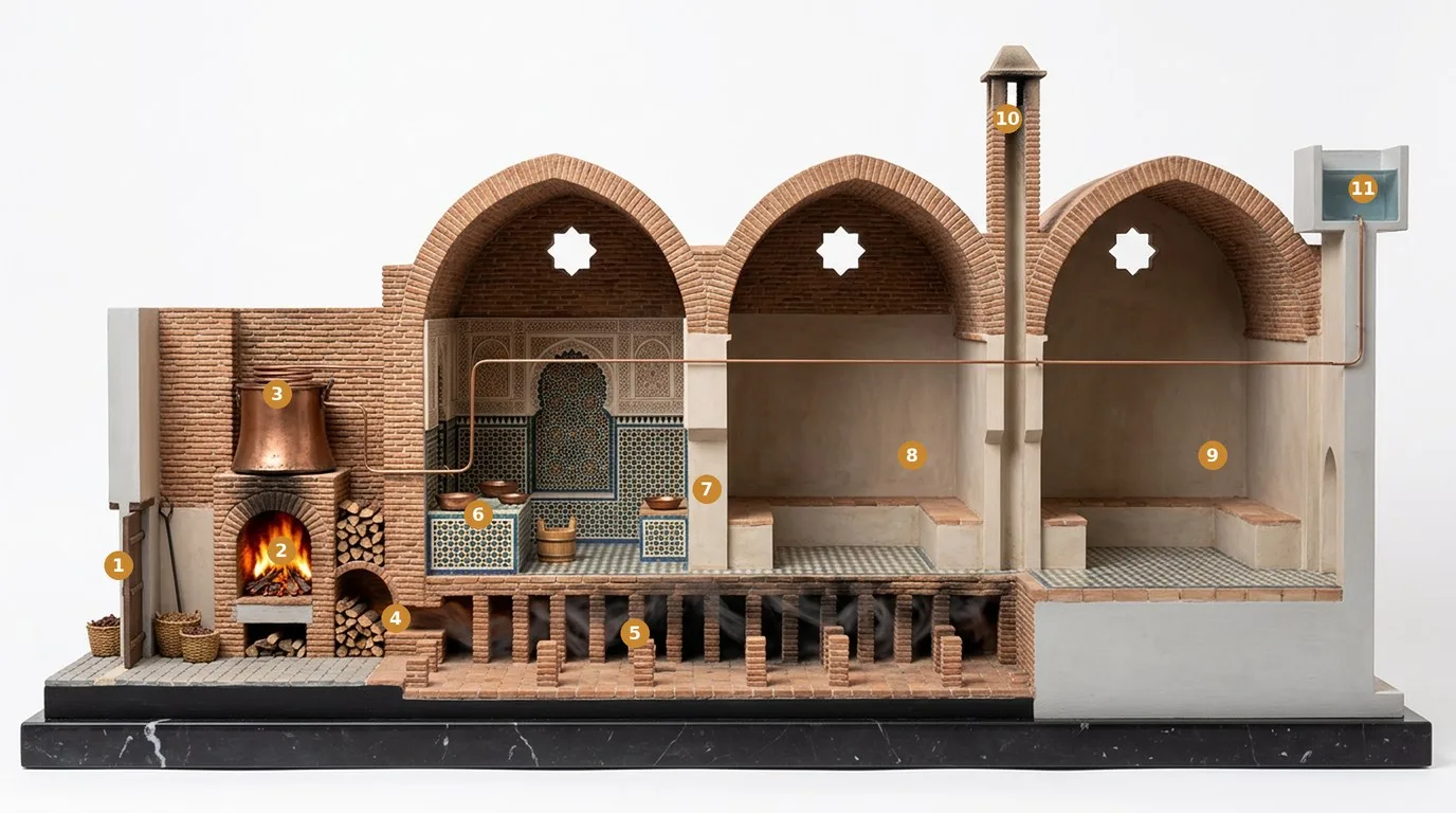Modello in sezione di un hammam di medina: il focolare fuori dal bagno, la bocca che conduce la fiamma sotto il pavimento, i pilastri della chebka, la borma e il camino