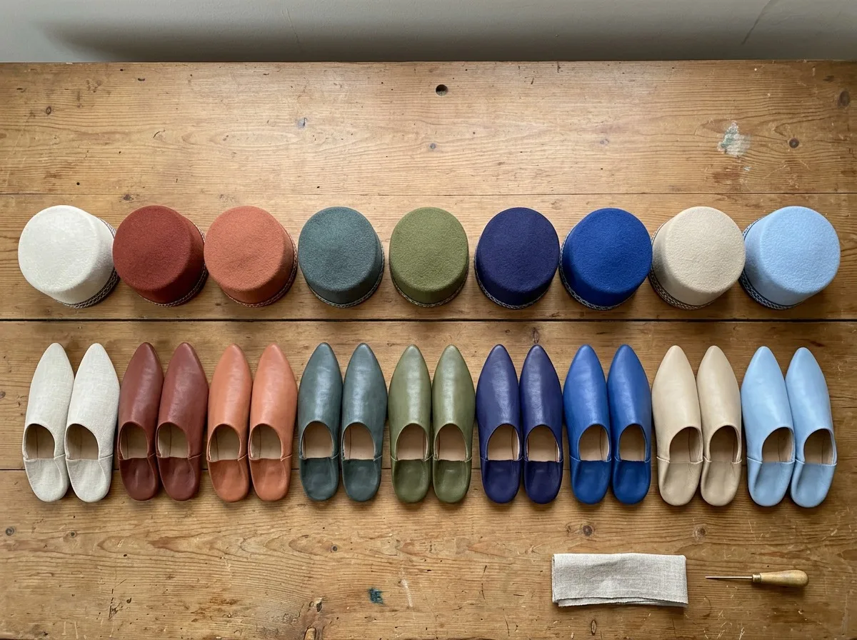 Le nove tinte — calotte e babucce, dall'ecru ai colori delle botteghe