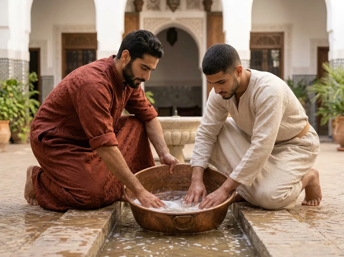 Il maalem e il ṣāniʿ alla vasca — quattro mani nella stessa acqua