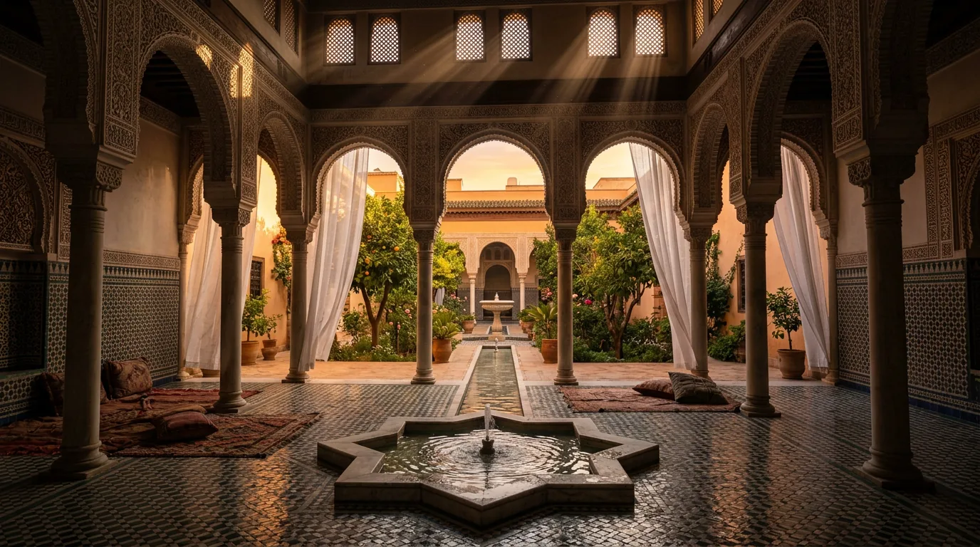 Il cortile di Al-Munya al crepuscolo, il lavabo e il canale tra le colonne
