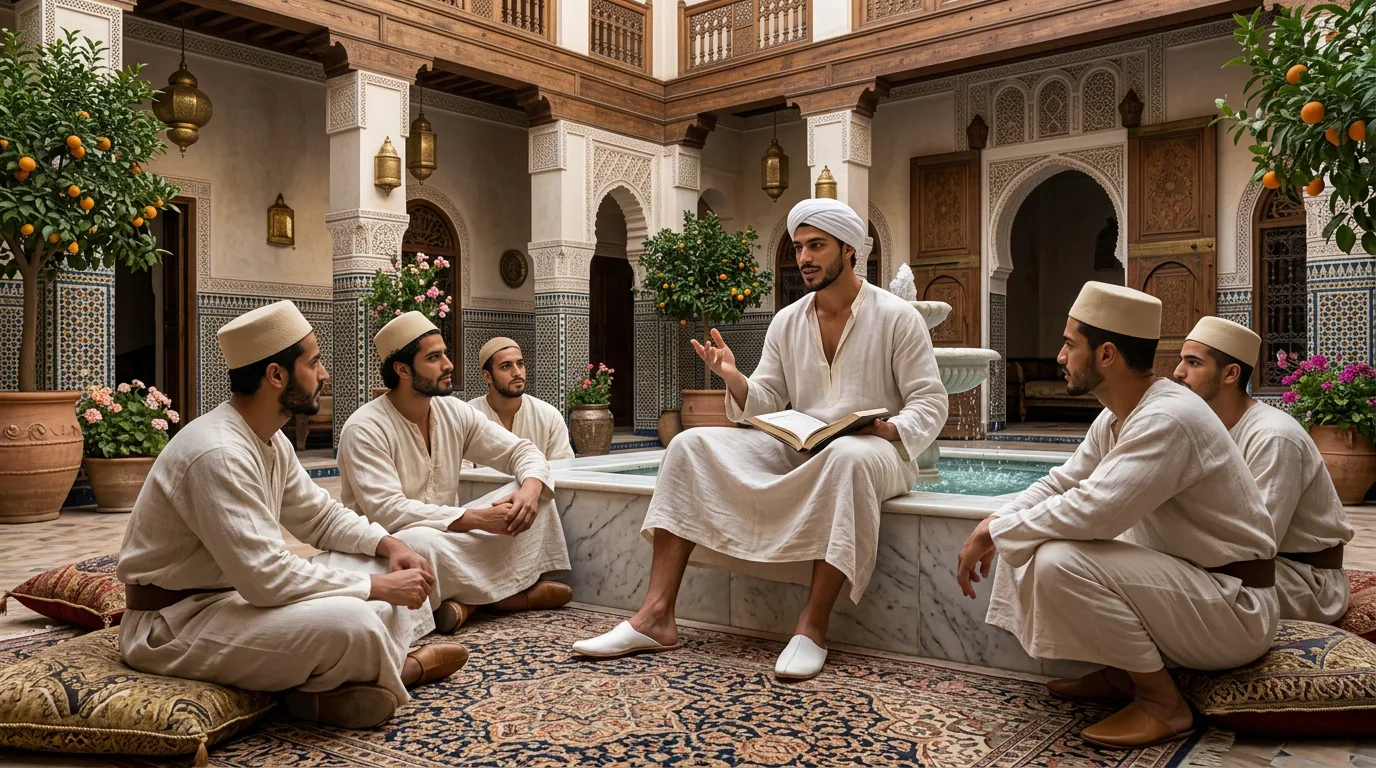في صحن الرياض، المقيمون جلوس في حلقة حول الحوض وكتاب مفتوح