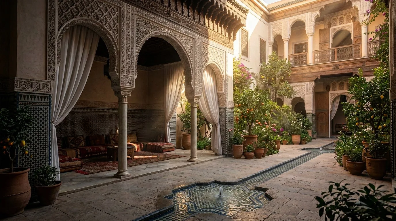 Il cortile al mattino — l'acqua e l'ombra come dispositivi