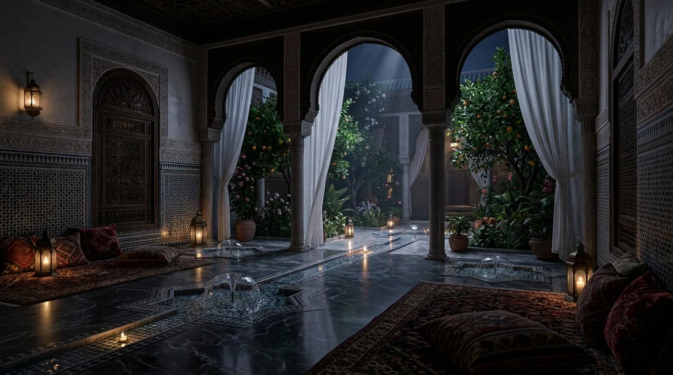 Il patio dopo l'Isha — la casa si raccoglie