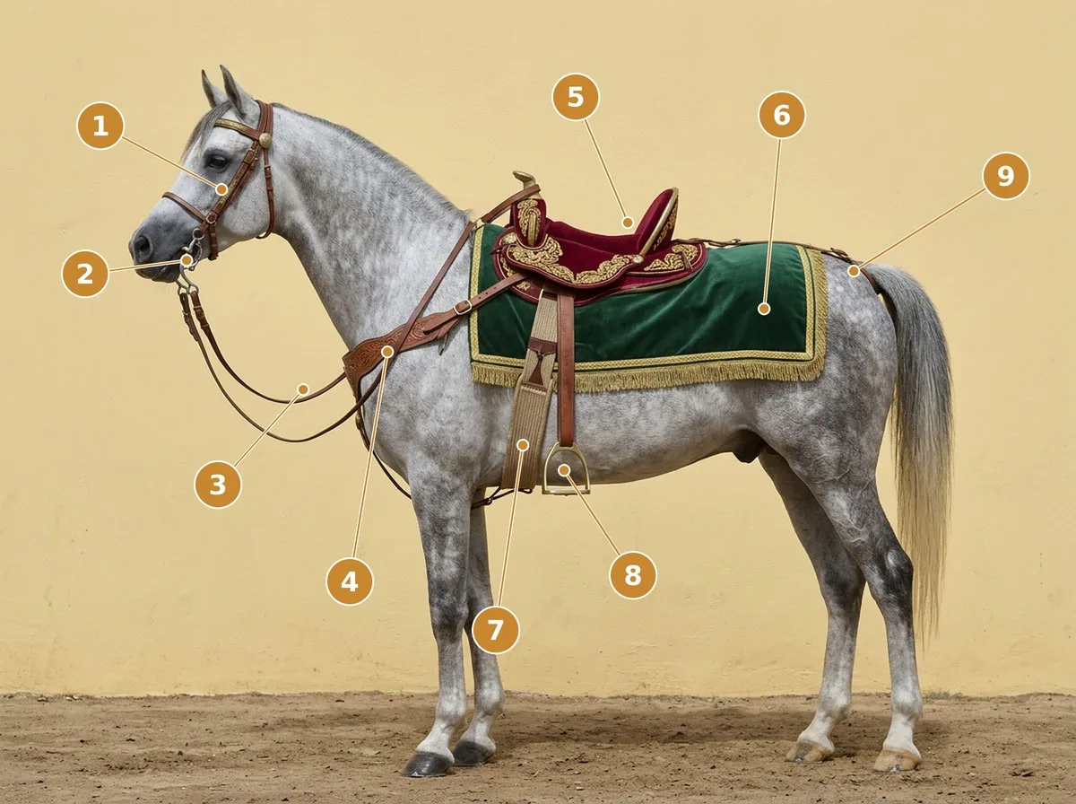 Tavola numerata del cavallo bardato: i nove pezzi dell'ʿudda