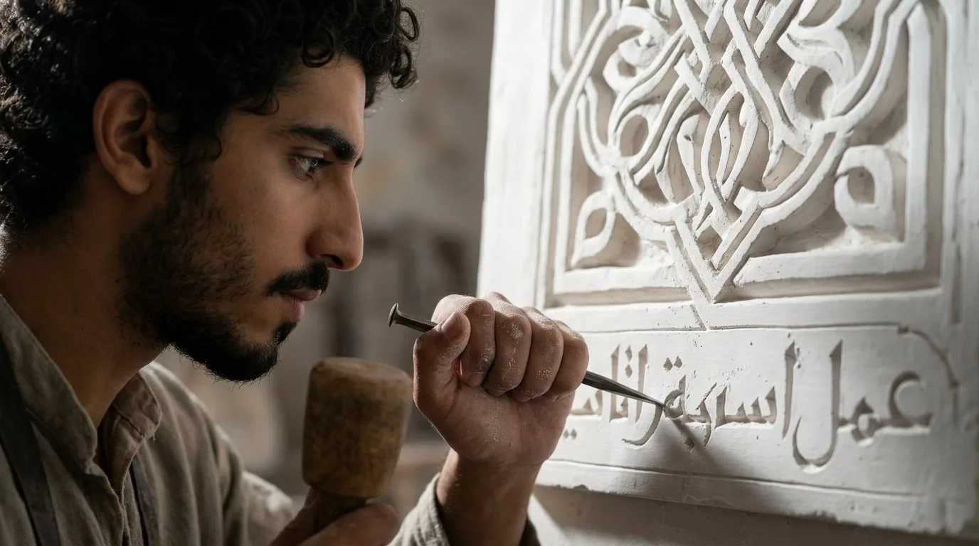 Un artigiano riprende a scalpello un'iscrizione nel gesso