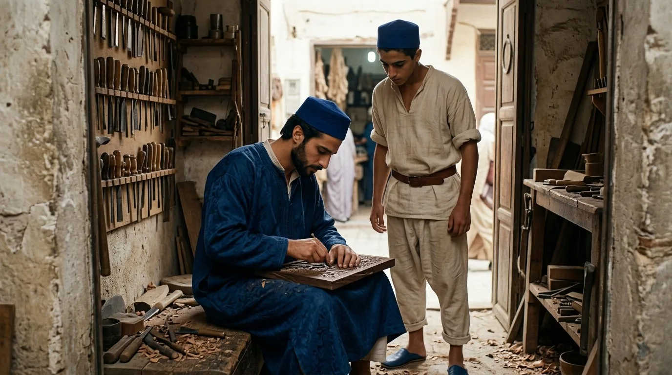 Un sani nella bottega del suo maalem, in medina