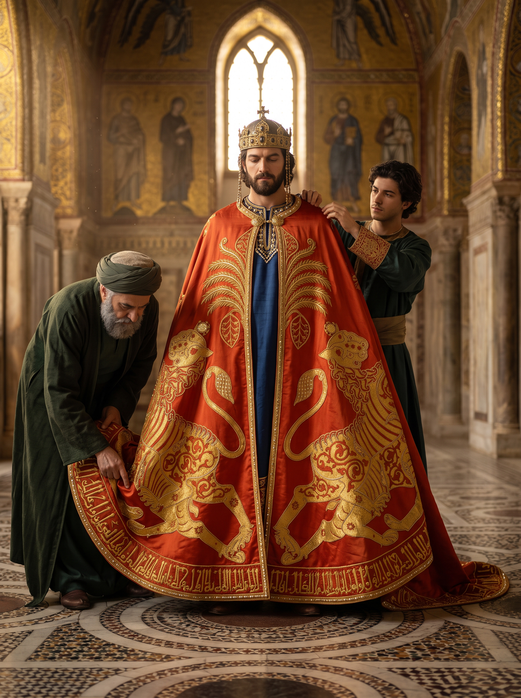 Roger II of Sicily wearing the coronation mantle, embroidered in the royal workshop of Palermo in 528 AH