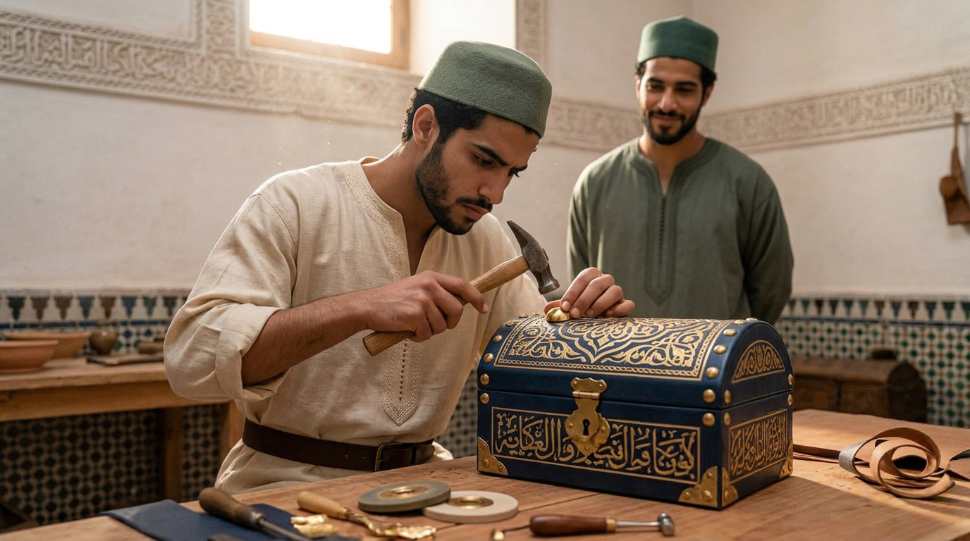 Un jeune apprenti devant la porte de cèdre qu'il vient d'achever, dans le patio d'un riad encore en chantier
